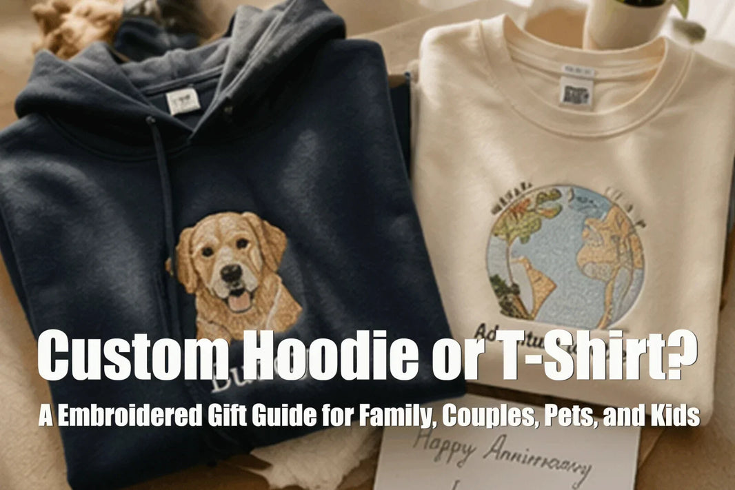 Personalized embroidered hoodie and T-shirt shown as custom gift options.