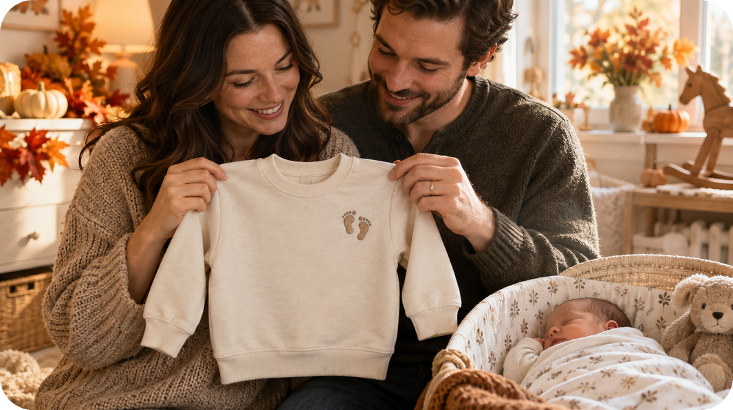 Lifestyle view of soft baby sweatshirt or newborn outfit in a gentle neutral featuring paired newborn footprints with an optional name or birth date on the wearer's left chest