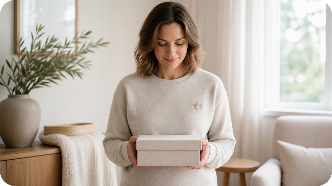 Parent wearing a subtle baby footprint memorial embroidery on the left chest of a sweatshirt