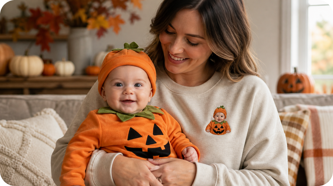 Parent wearing a baby's first Halloween embroidered sweatshirt with a costume portrait on the left chest