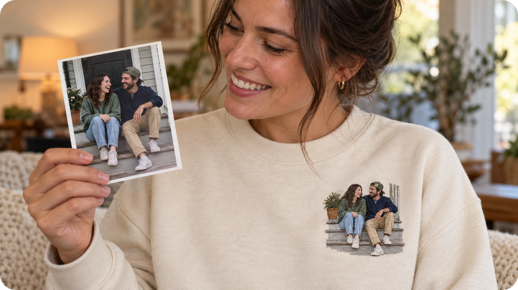 best photo for an embroidered gift showing two siblings sharing a candid laugh as left chest embroidery