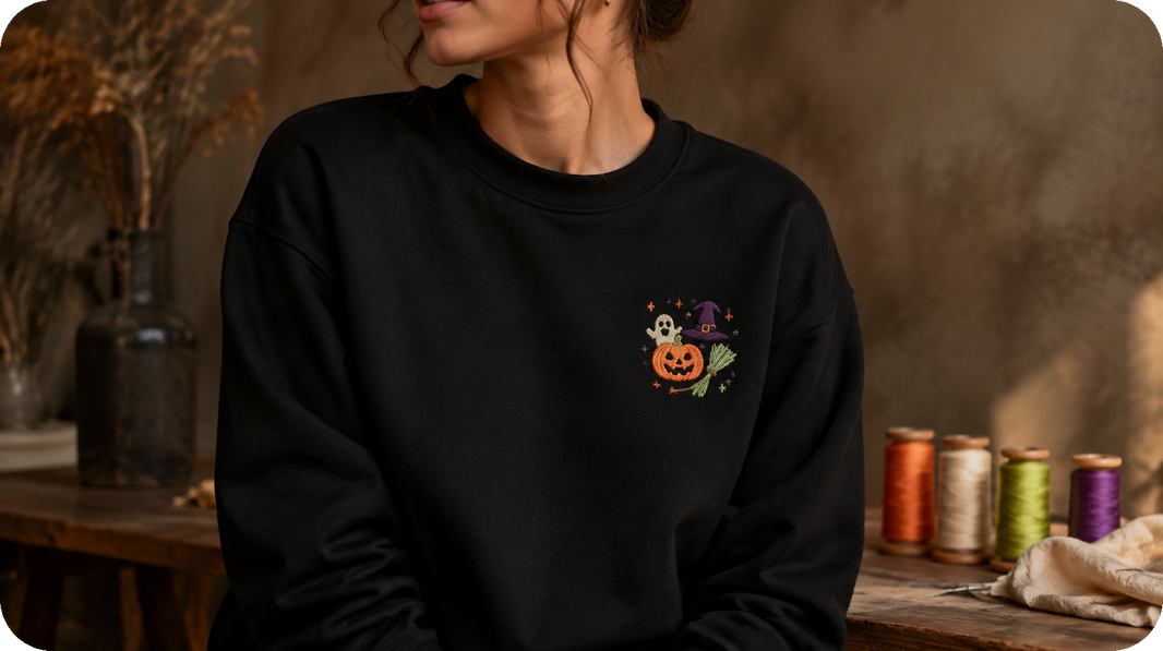 Black sweatshirt displaying orange cream purple and green Halloween embroidery on the wearer’s left chest