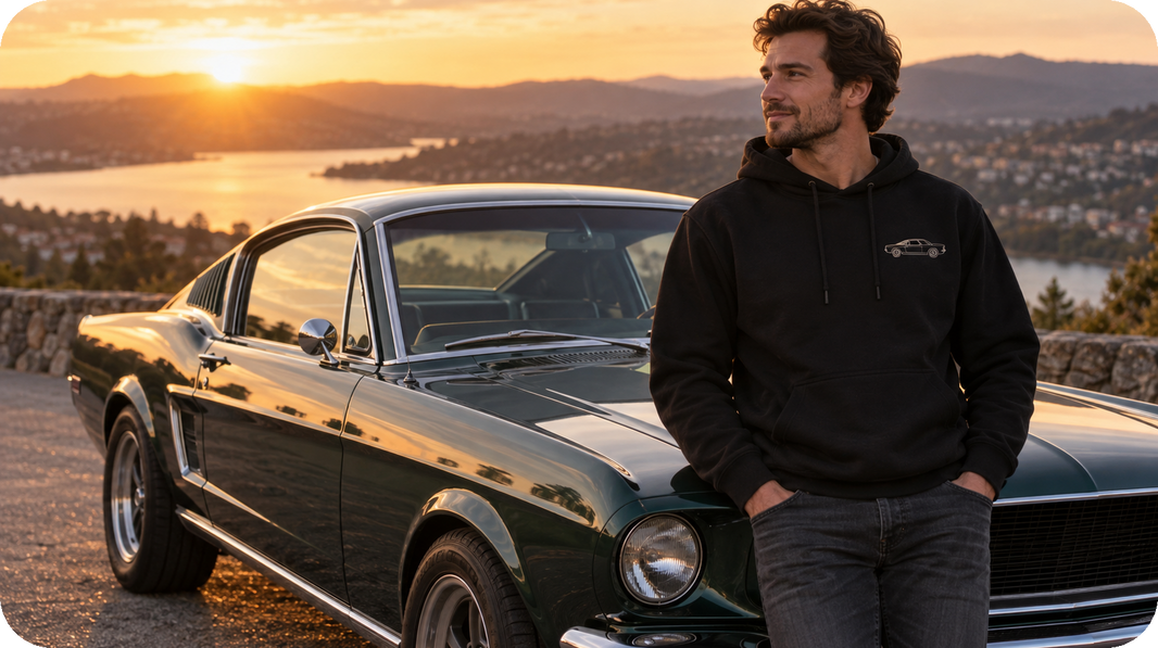 Lifestyle view of black, navy, or heather gray hoodie featuring vehicle outline with an optional model year on the wearer's left chest