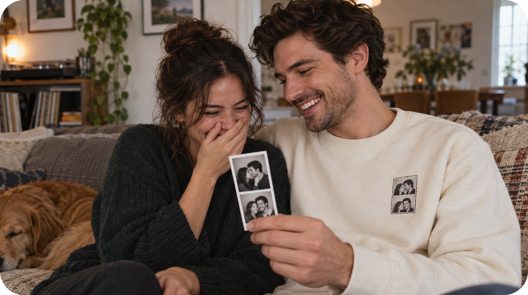 Lifestyle view of cream, black, or muted rose sweatshirt featuring two-frame couple portrait inspired by a photo strip on the wearer's left chest