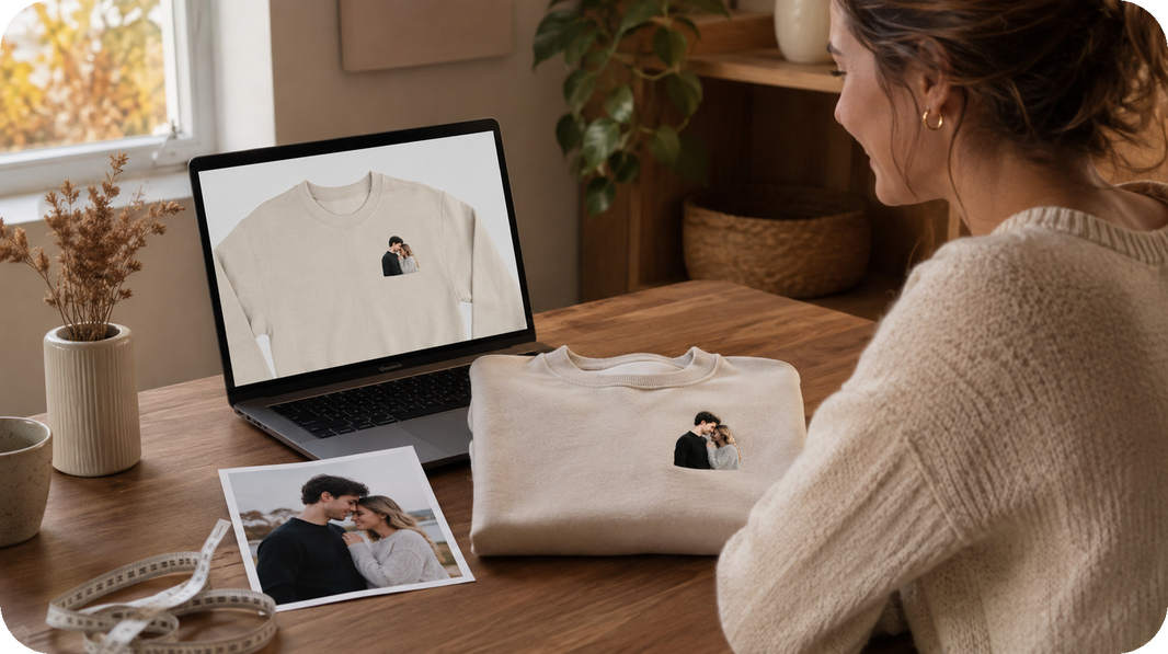 Shopper reviewing a photo embroidery checklist beside a personalized sweatshirt during Black Friday planning