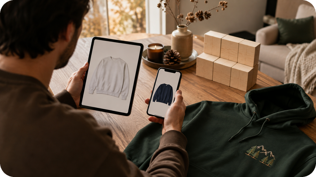 Shopper comparing Black Friday and Cyber Monday timing for a custom embroidered sweatshirt order