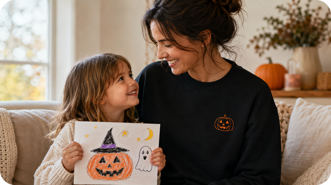 Parent wearing a black sweatshirt with a child’s orange pumpkin drawing embroidered on the left chest