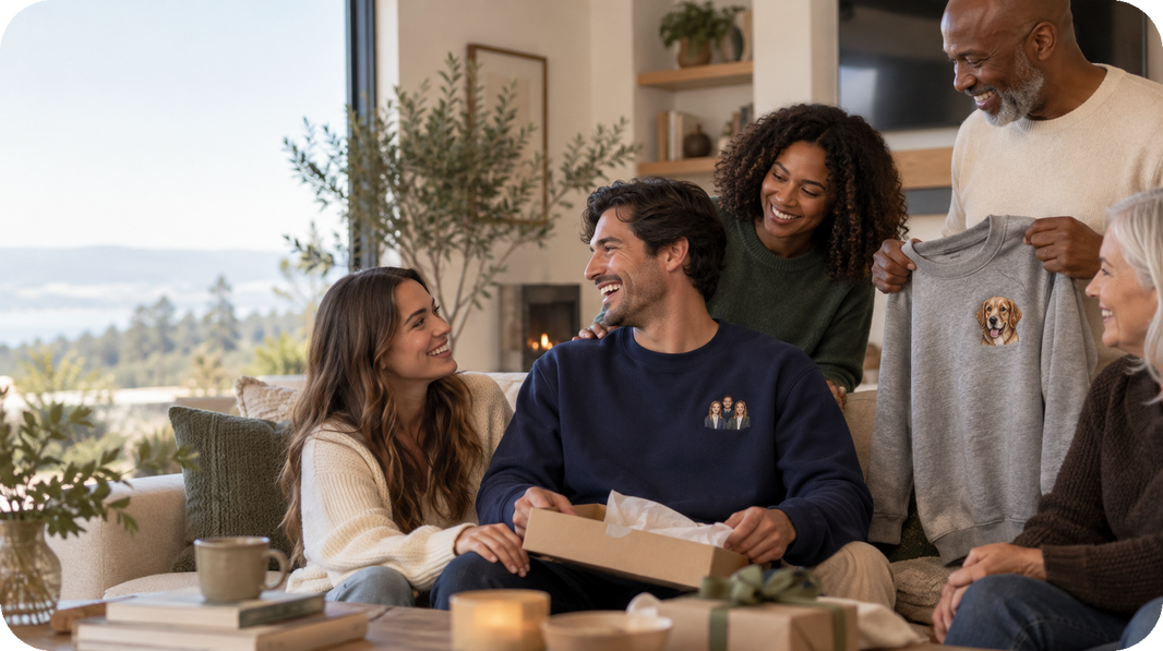 Lifestyle view of sweatshirt, hoodie, or T-shirt matched to the recipient's wardrobe featuring one carefully edited personal image translated into subtle wearable embroidery on the wearer's left chest