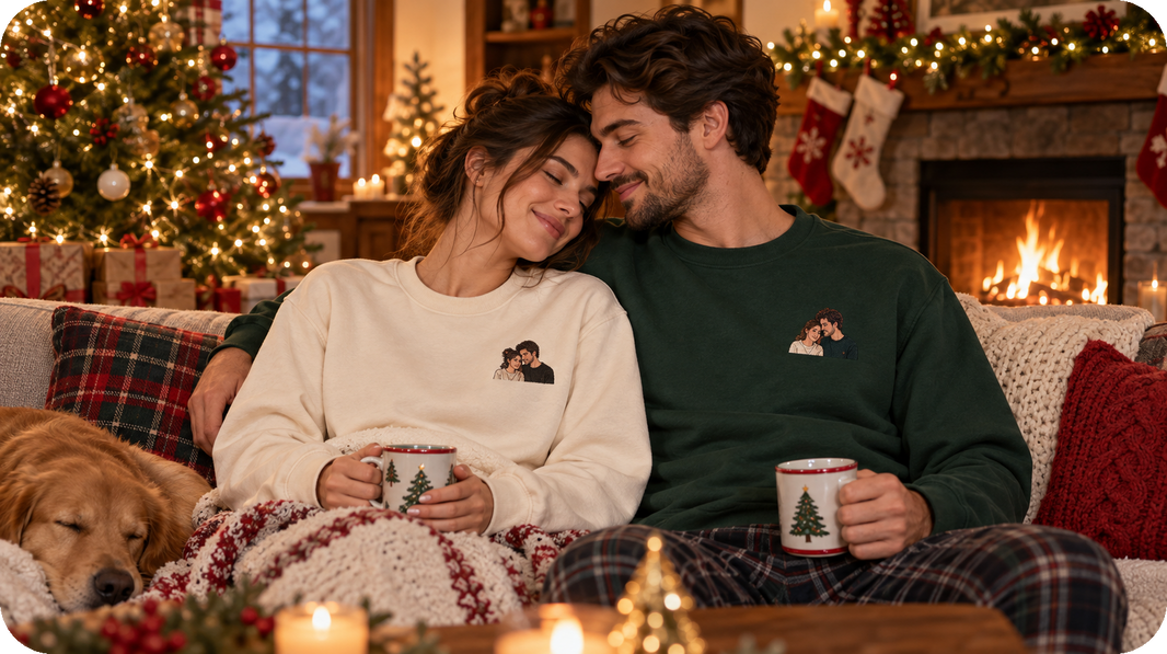 Couple wearing matching Christmas sweatshirts embroidered from a favorite photo
