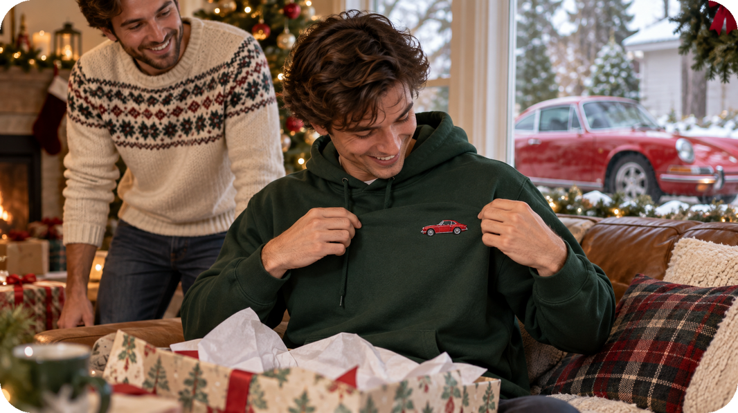 Car lover wearing a hoodie embroidered from a photo of a favorite vehicle