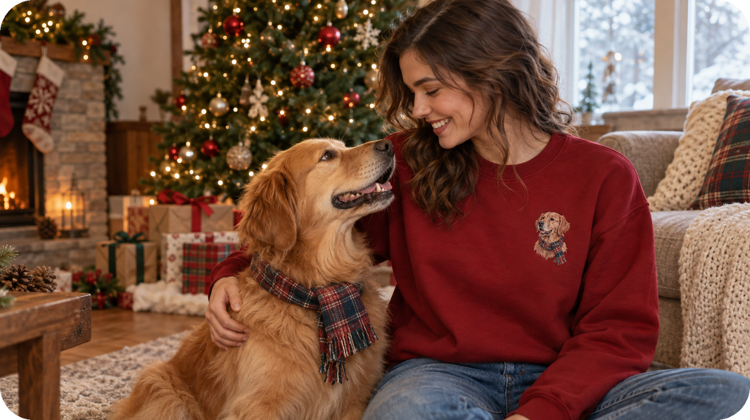 Lifestyle view of cream, forest, red, or charcoal sweatshirt featuring realistic dog portrait with one simple Christmas accessory on the wearer's left chest