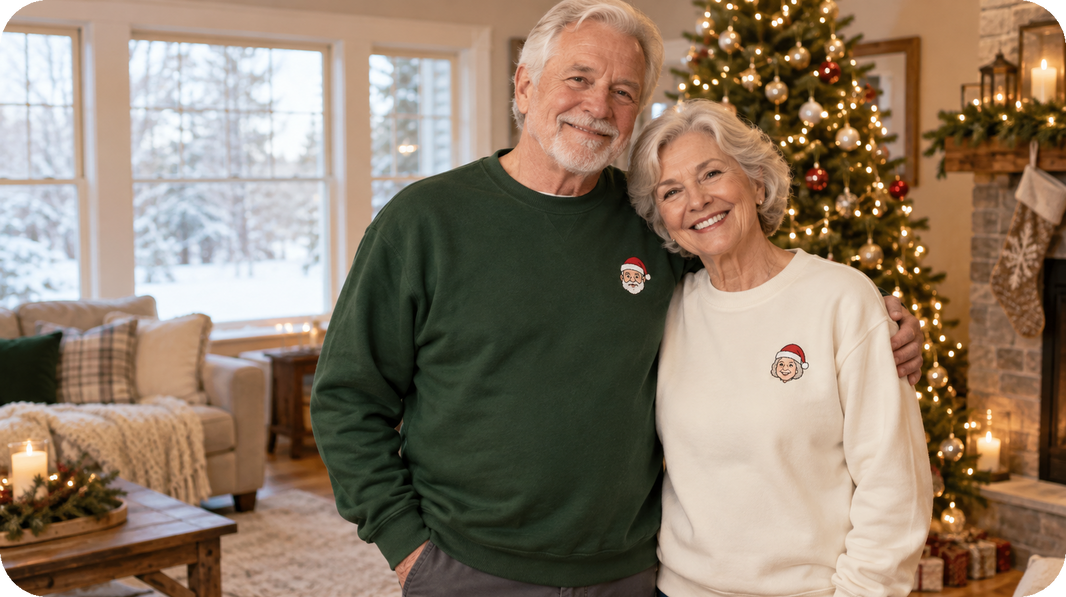 Lifestyle view of cream, forest, navy, or burgundy sweatshirt featuring two-person cartoon portrait with separate Santa hats and recognizable features on the wearer's left chest