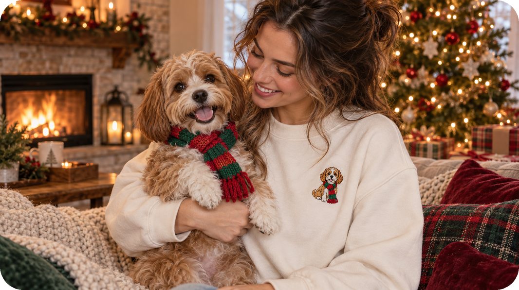 Pet parent wearing Christmas cartoon embroidery made from a holiday pet photo