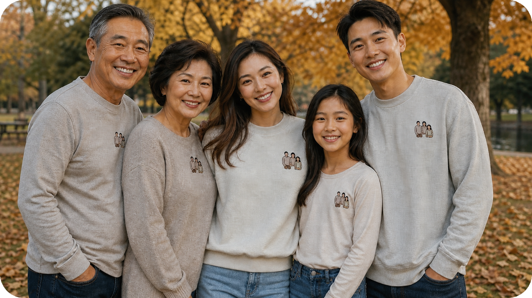 Family wearing a custom fall embroidered sweatshirt gift made from a summer vacation photo