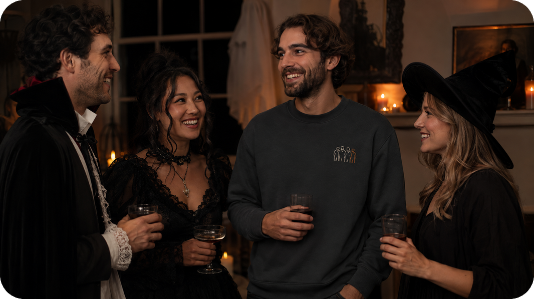 Friends at a Halloween party wearing dark sweatshirts with clear left-chest costume portrait embroidery