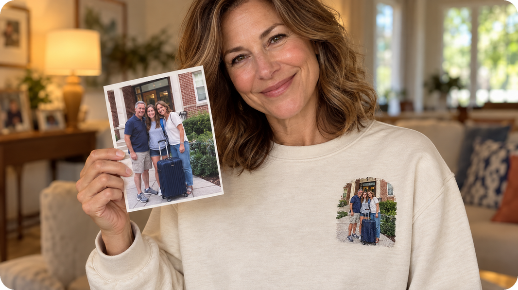 empty nester gift showing parents with their college student and a suitcase as left chest embroidery