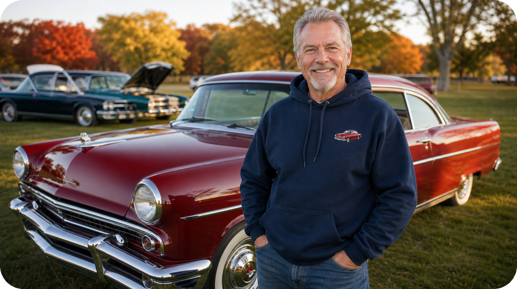 Classic car owner wearing a custom left-chest car photo embroidered hoodie at a fall show