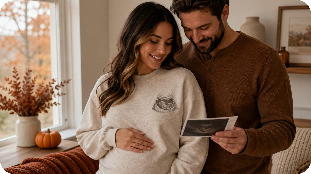 Expecting couple revealing a fall pregnancy announcement sweatshirt with left-chest ultrasound embroidery