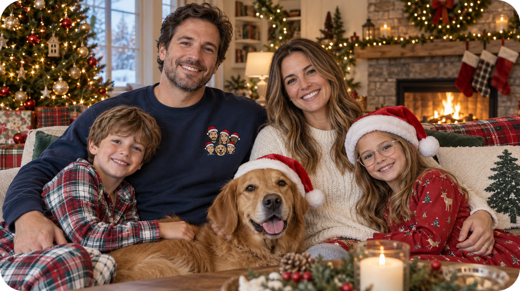 Family wearing Santa-hat cartoon embroidered sweatshirts made from a Christmas photo
