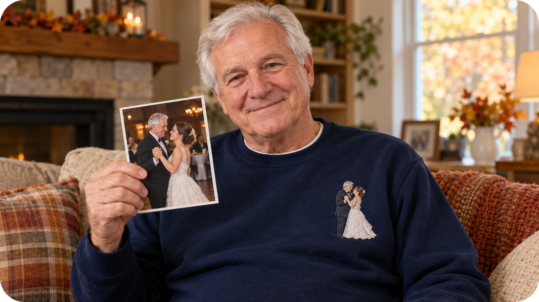 Father of the bride keepsake gift shown as compact left chest photo embroidery