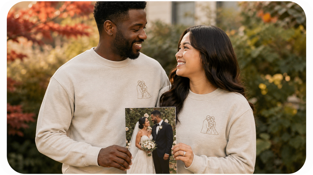 Newlywed couple in autumn wearing matching wedding-detail embroidery on each left chest