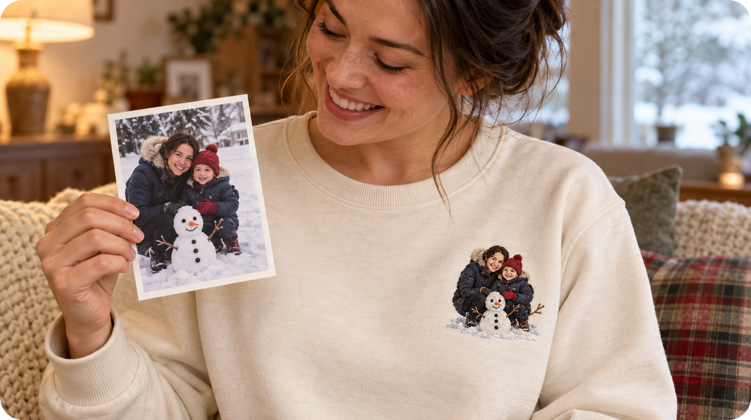 first snow memory gift showing a mother and child beside a small snowman as left chest embroidery