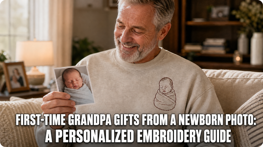 First-time grandpa holding a newborn photo while wearing the matching portrait embroidered on his left chest