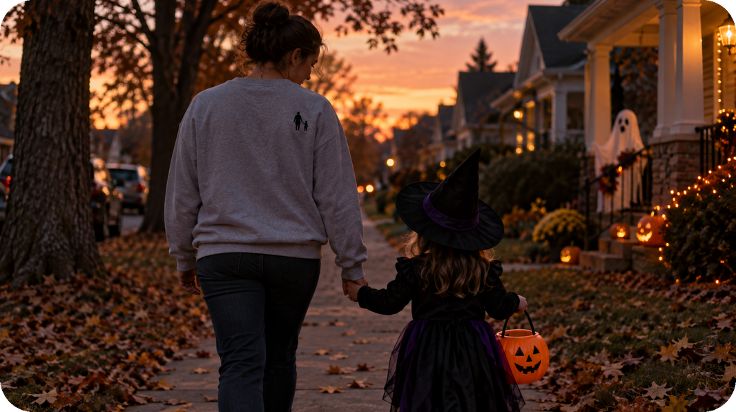 Lifestyle view of soft gray or navy sweatshirt featuring back-view holding-hands silhouette with a tiny candy bucket on the wearer's left chest
