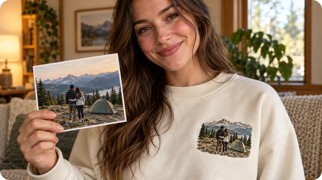 first trip together gift showing a couple beside a tent on their first trip as left chest embroidery