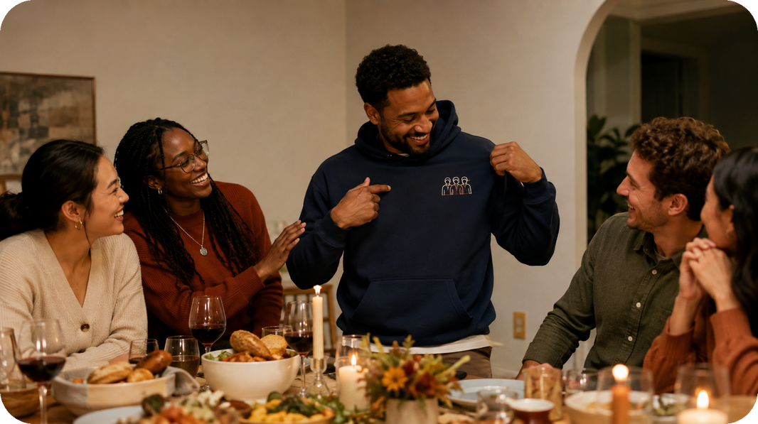 Friendsgiving host wearing a hoodie with the annual group selfie embroidered on the left chest