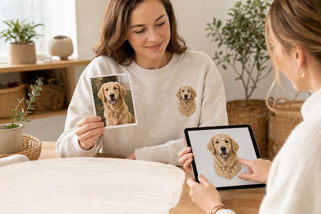 Woman reviewing a golden retriever photo beside a custom embroidered pet portrait sweatshirt.