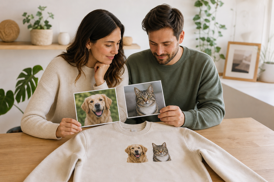 Couple comparing dog and cat photos with a custom multiple-pet embroidered sweatshirt.