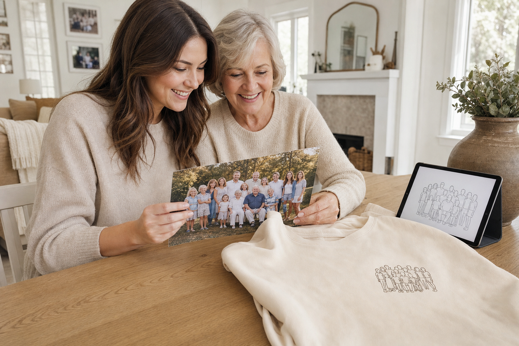 Family members looking at a photo and embroidery preview beside a personalized sweatshirt.