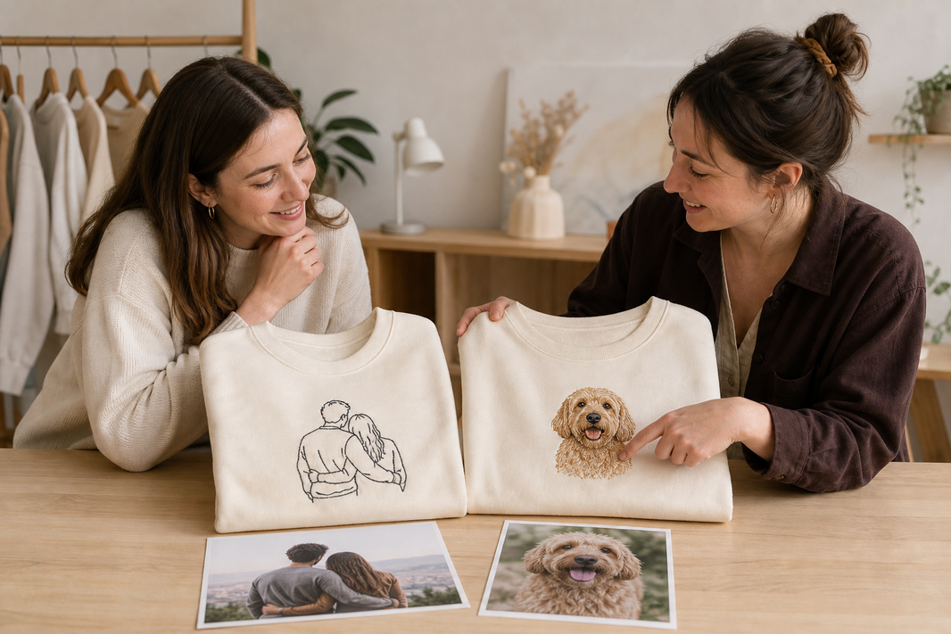 Photo outline and pet portrait embroidery styles shown on two personalized sweatshirts.