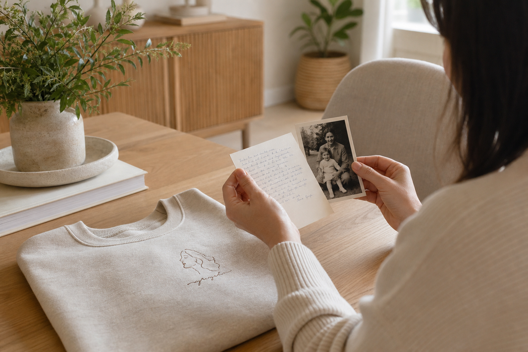 Old photo and handwritten note beside a folded embroidered memory sweatshirt.