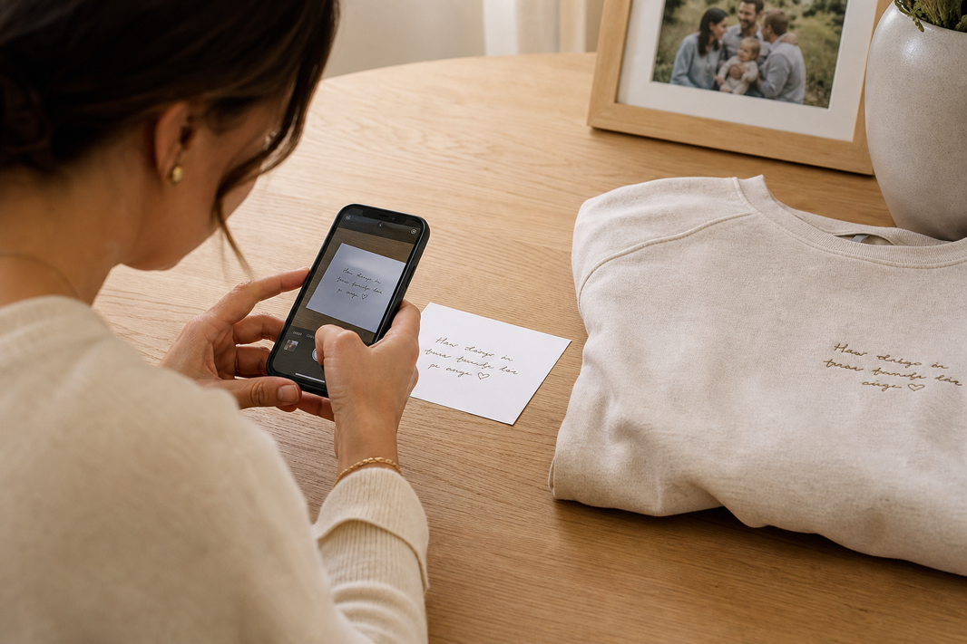 Personalized handwriting and name embroidery shown on a custom sweatshirt.