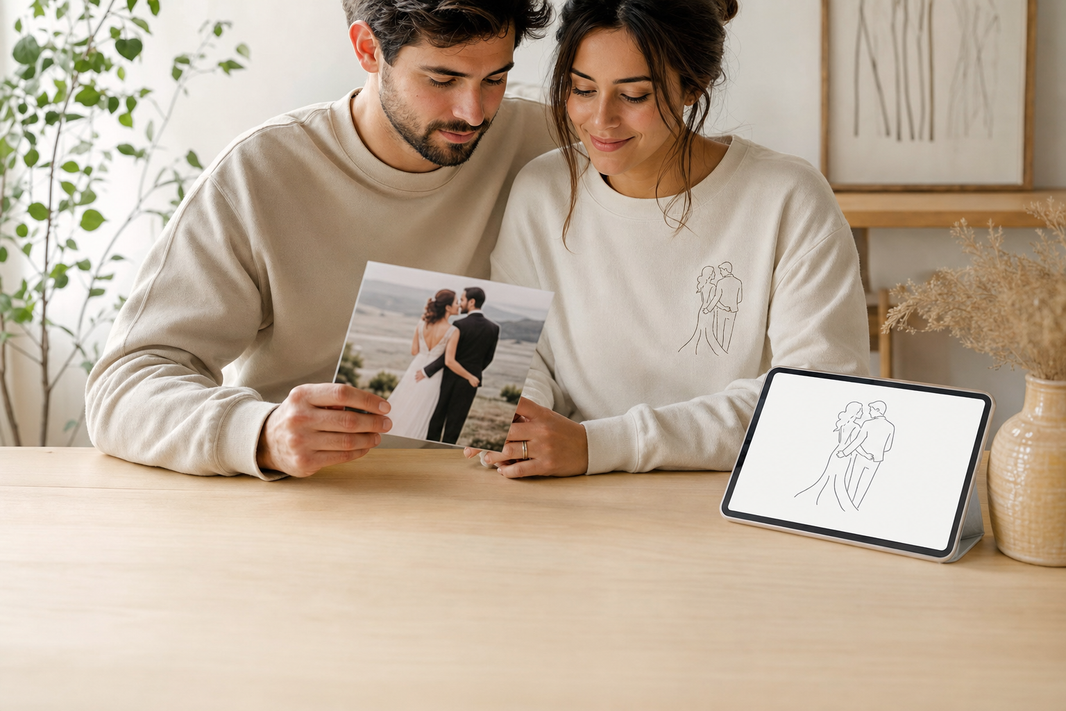 Couple reviewing a wedding photo and custom embroidery preview on a sweatshirt.