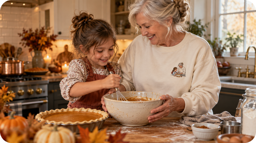 Lifestyle view of cream or warm brown sweatshirt featuring two-person action portrait with a bowl or pie accent on the wearer's left chest