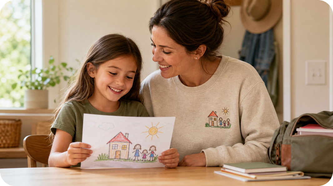 Grandmother wearing a child's drawing as left-chest embroidery for Grandparents Day