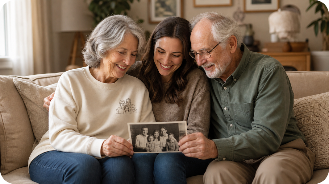Grandparents and granddaughter viewing a vintage photo beside left-chest family embroidery