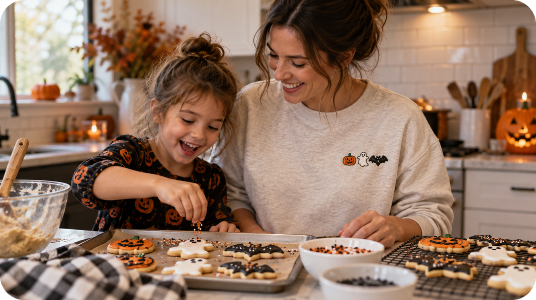 Lifestyle view of oatmeal, rust, or black sweatshirt featuring three-cookie miniature embroidery arranged like the source photo on the wearer's left chest