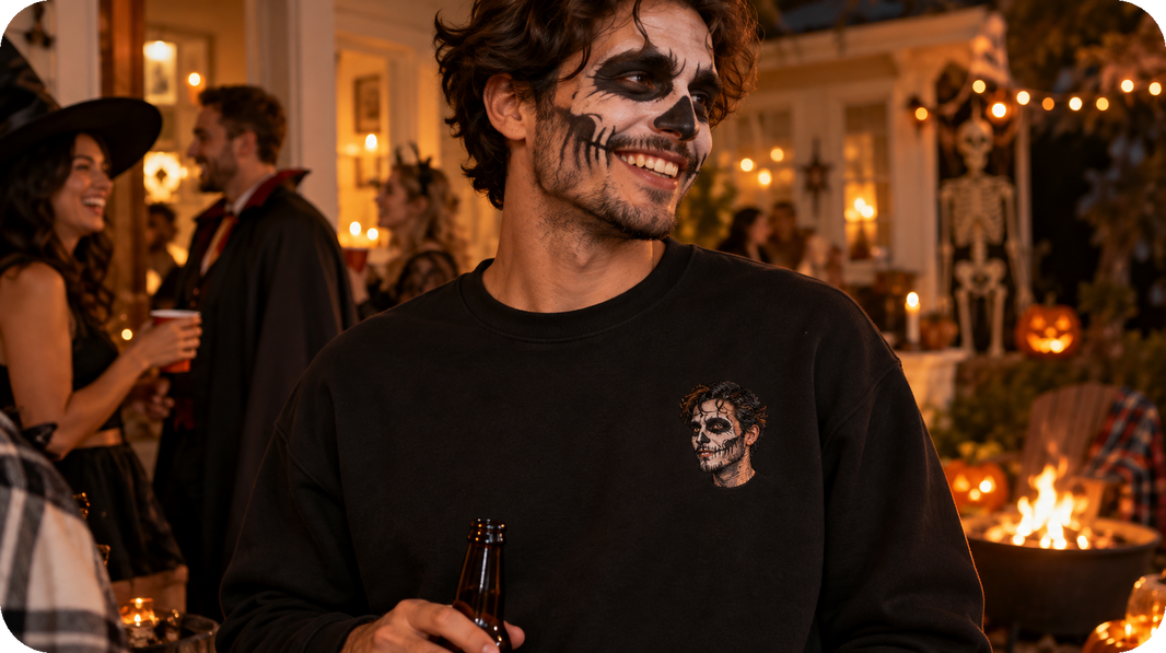 Lifestyle view of black or cream sweatshirt featuring small color portrait with simplified painted shapes on the wearer's left chest