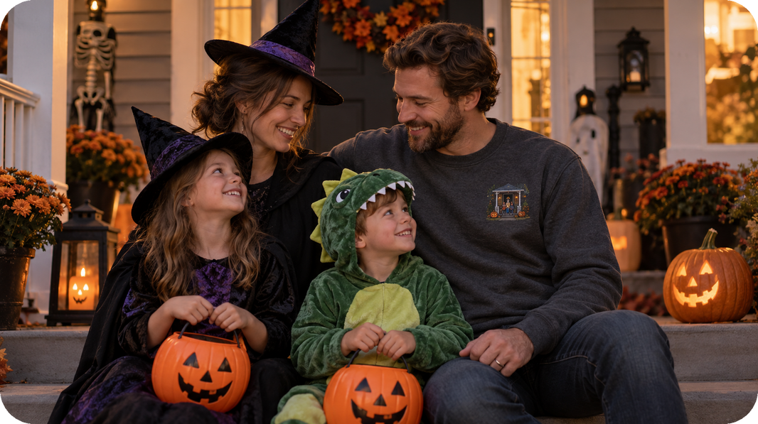 Lifestyle view of charcoal or oatmeal sweatshirt featuring compact home-line portrait with a subtle haunted-house mood on the wearer's left chest