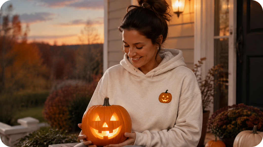 Person wearing an oatmeal hoodie with a family jack-o’-lantern embroidered on the left chest