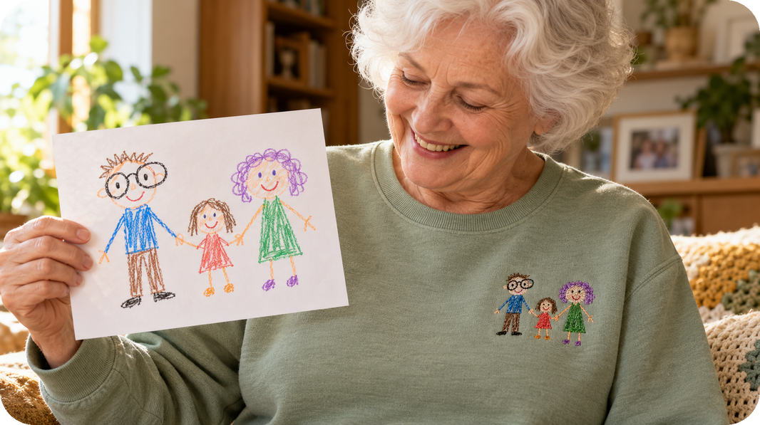 Kids drawing gifts shown as compact left chest photo embroidery