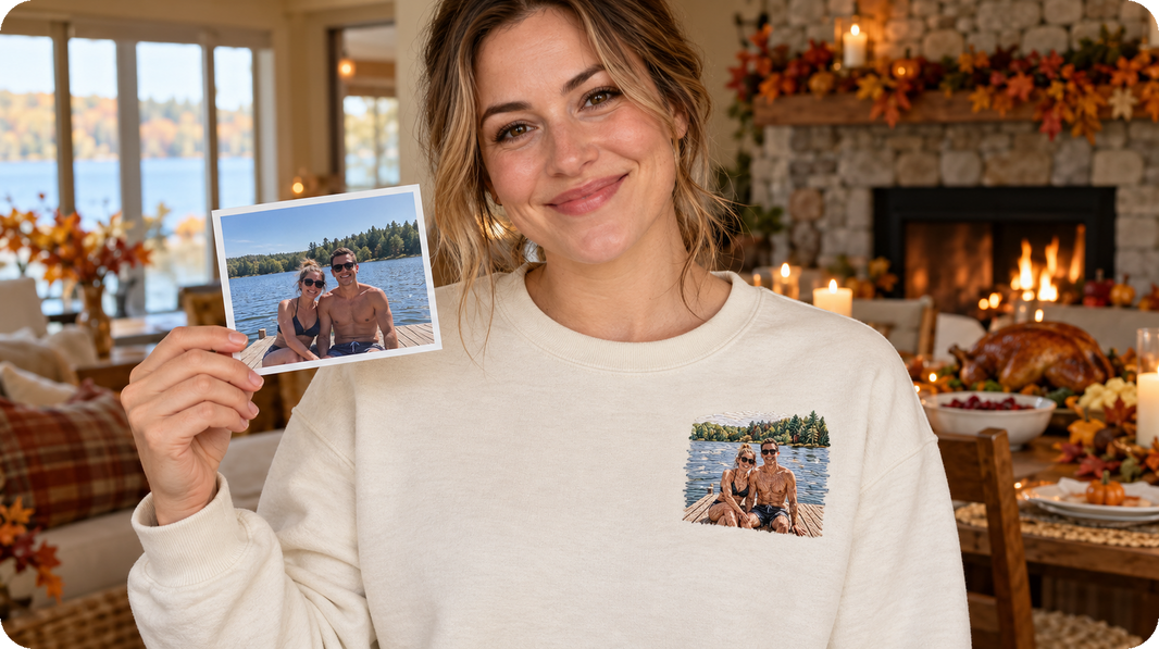long distance sibling gifts showing adult siblings together at a lake as left chest embroidery