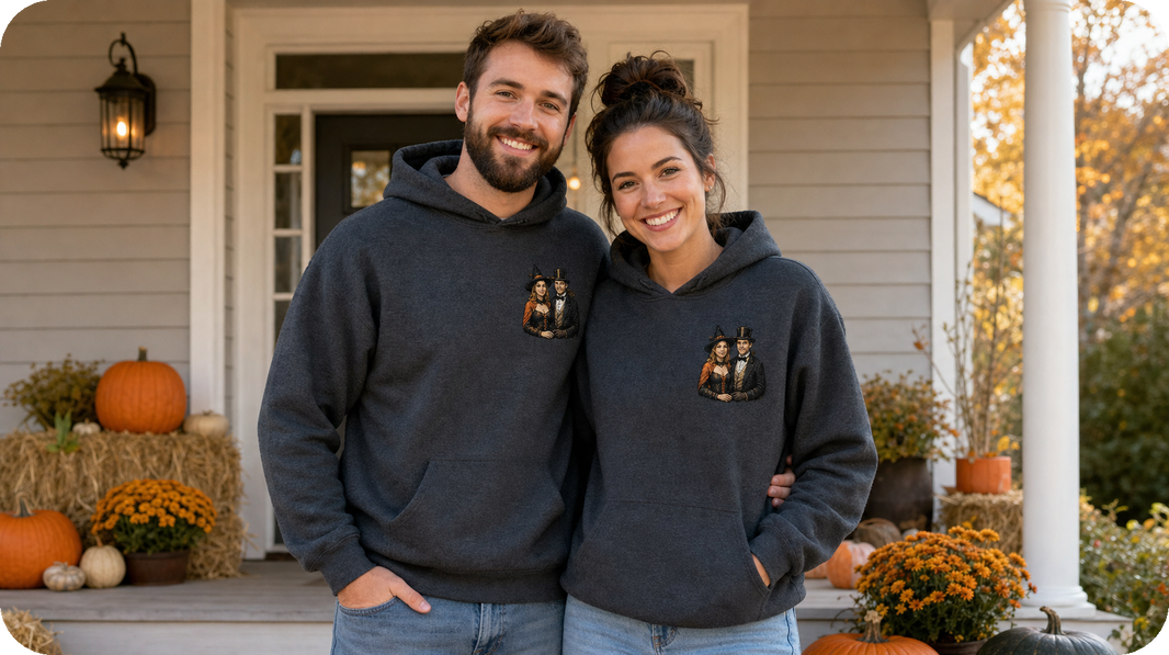 Couple wearing matching Halloween hoodies with the same costume portrait on each left chest