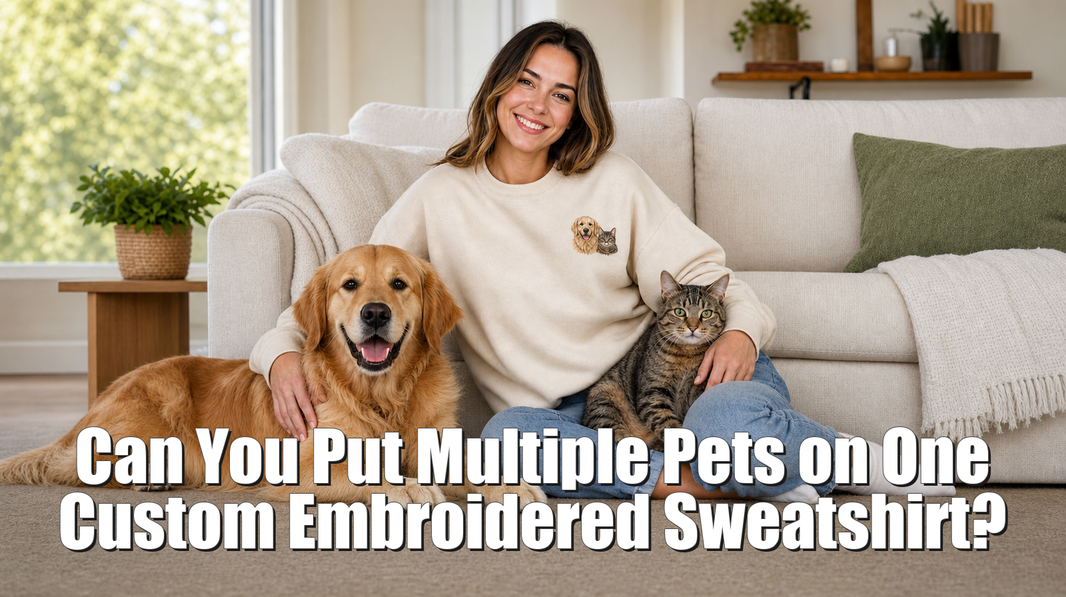 Pet owner wearing a two-pet portrait embroidered on the left chest with a dog and cat