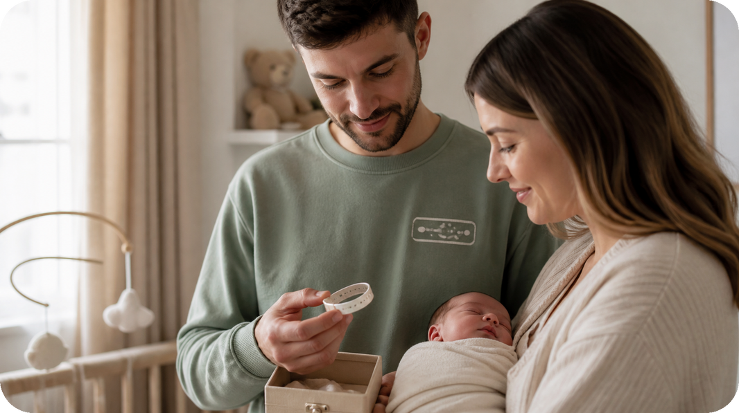 New parents wearing a newborn birth details sweatshirt with compact left-chest bracelet embroidery