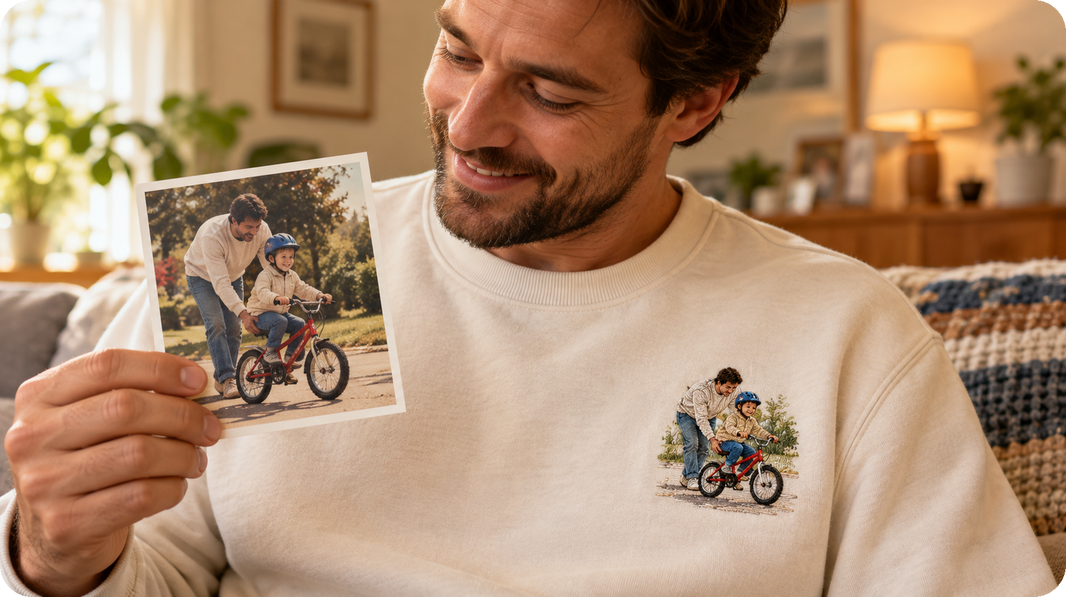 personalized dad photo gift showing a father helping a helmeted child learn to ride a bicycle as left chest embroidery
